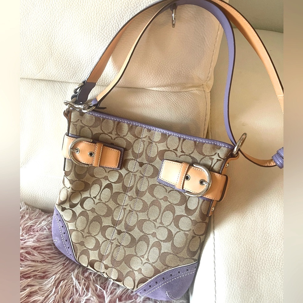 Coach 💟 Khaki Signature Monogram Crossbody Bag with Leather & Purple Suede. EUC